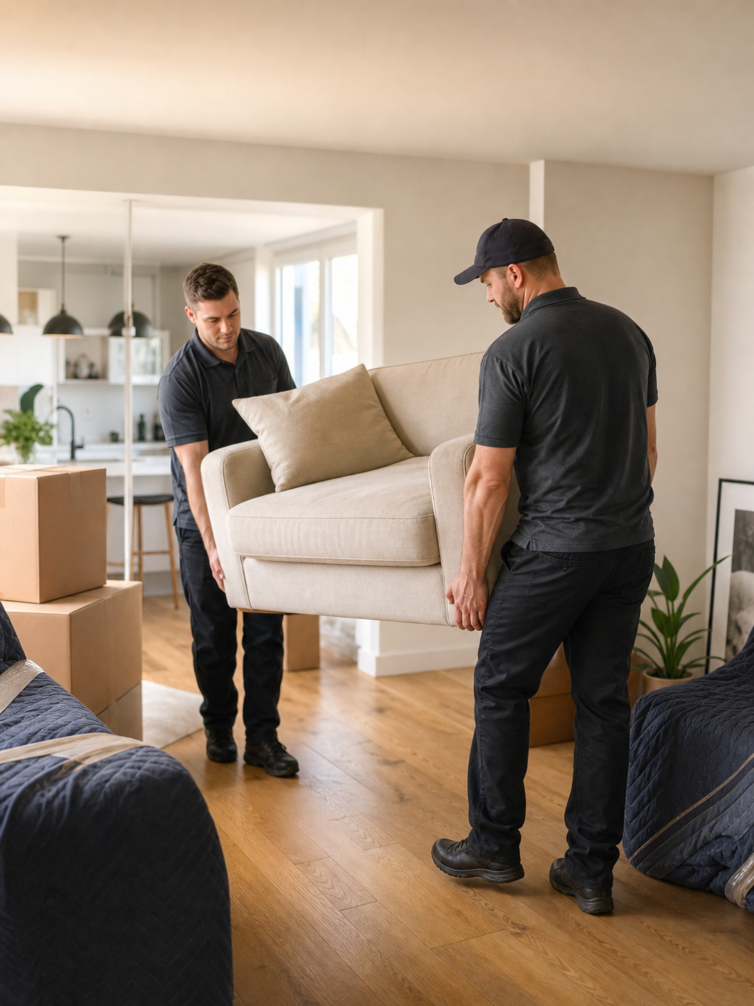 Two movers carefully carrying furniture inside a clean home.